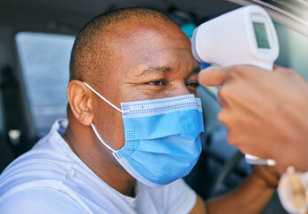 Fototapeta na wymiar Fever, temperature and Covid test at drive through station in a car. Screening patient with protective mask with a digital thermometer. Wellness and safety of people through a pandemic