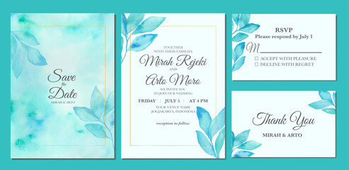 Fototapeta na wymiar Manual painted of aesthetic leaves watercolor as wedding invitation.