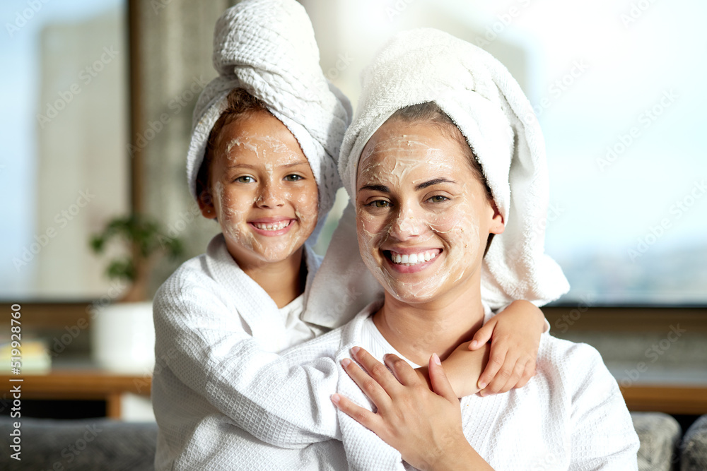 Sticker Facial, beauty and skincare at a spa for a bonding mother and daughter. Portrait of a cheerful, loving and joyful little girl enjoying a relaxing pamper session together with her mom or single parent