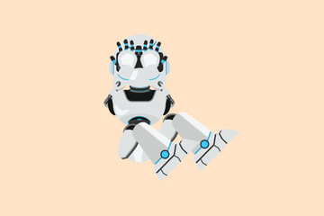 Fototapeta na wymiar Business flat cartoon style drawing depressed robot feeling sad with holding head and sit on the floor. Frustrated cyborg. Modern robotic artificial intelligence. Graphic design vector illustration