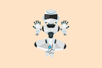 Business design drawing depressed robot kneel and pray. Losing money, economy crisis, bankrupt, sadness. Future technology development. Artificial intelligence. Flat cartoon style vector illustration