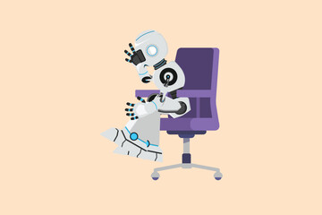 Business flat cartoon style drawing depressed robot sitting on chair thinking about money for paying bills during crisis. Modern robotic artificial intelligence. Graphic design vector illustration