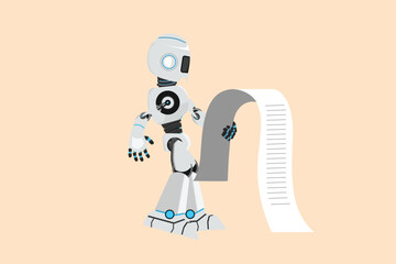 Business flat cartoon style drawing depressed robot standing thinking about finding money for paying bills during crisis. Modern robotic artificial intelligence. Graphic design vector illustration