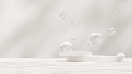 3d rendering mockup of white podium in landscape with floating glass sphere backdrop