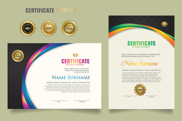 Luxury certificate template with dynamic and attractive colors on curved line shape ornament modern pattern