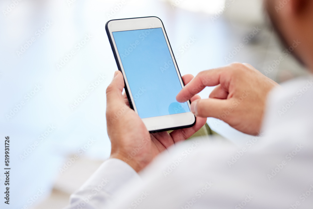 Poster blank blue screen of a phone with a businessman typing or scrolling the internet. closeup of corpora