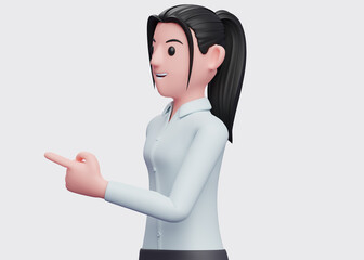 Beautiful Business woman facing sideways and pointing, 3D render business woman character illustration