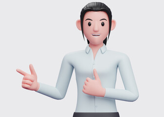 Business woman in blue shirt pointing and thumbs up, close up 3D render business woman character illustration