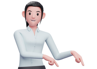 3d Business woman pointing to bottom right corner suggesting audience to subscribe, 3D render business woman character illustration