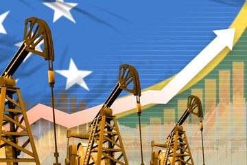 rising up chart on Solomon Islands flag background - industrial illustration of Solomon Islands oil industry or market concept. 3D Illustration