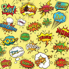 Fototapeta na wymiar Exclamation texting comic signs on speech bubbles. Cartoon crash, pow, bomb, wham, oops and cool comic sign vector set