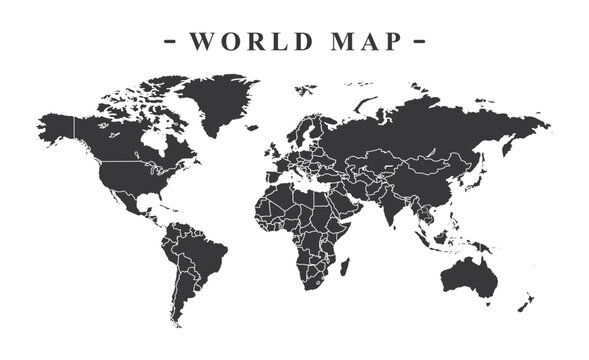 world map vector on a white background Black map template for website style report similar world map icon. World travel, map silhouette backdrop.