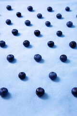 Vertical photo with pattern of blueberries on a blue field