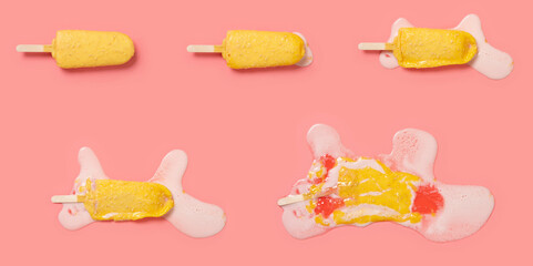 white peach flavor popsicle melting process on pink background at top angle view