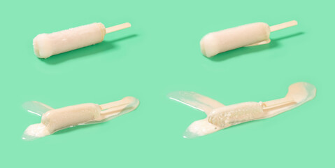 white peach and oolong flavor popsicle melting process on green background
