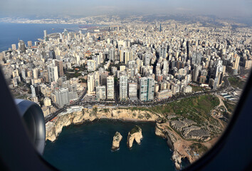 Fototapeta premium View of Beirut from the airplane, including the famous pigeon rocks, as one flies into Beirut Airport.