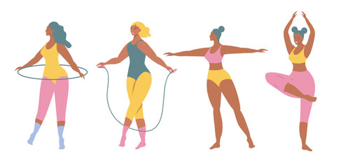 Fototapeta premium vector illustration in flat style - various girls doing fitness and gymnastics