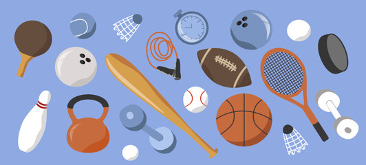 vector illustration - sporting goods, sports items - balls, rackets, dumbbells, jump ropes, bats. trend illustration in flat style - obrazy, fototapety, plakaty