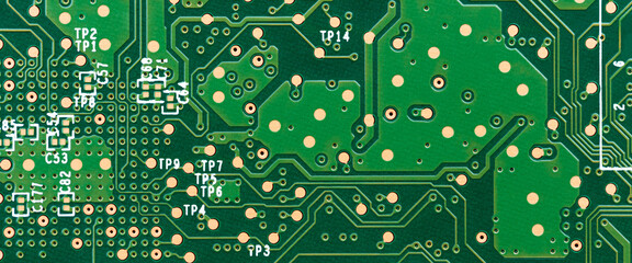 Electronic circuit board close up. Motherboard digital chip. High-tech technology background