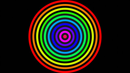 3D renderings. Colorful background with a circle in the form of a shooting target with multiple colors of the rainbow. Rainbow design of a circle with various colored stripes. Color stripes on a black