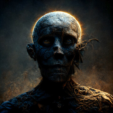 Demonic Monster creature Portrait 3D illustration with dramatic lighting in a front position reflecting the cultural heritage of another world