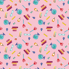 Seamless pattern back to school. Globe, books, paints, glue, scissors, glasses, sharpener, ruler.