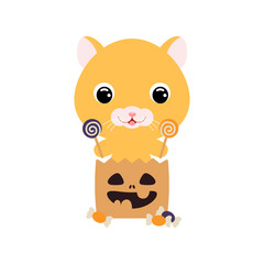 Cute Halloween hamster sitting in a trick or treat bag with candies. Cartoon animal character for kids t-shirts, nursery decoration, baby shower, greeting card, invitation. Vector stock illustration