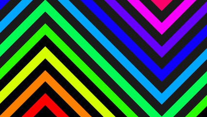 3D renderings. Background with rainbow colors and black lines forming a triangular pattern. Triangular shapes with continuous lines of different colors. Colorful background. Black, green, yellow, blue