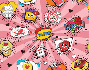 Vector flat seamless texture pattern Hand drawn flat trendy cartoon elements collection Valentine