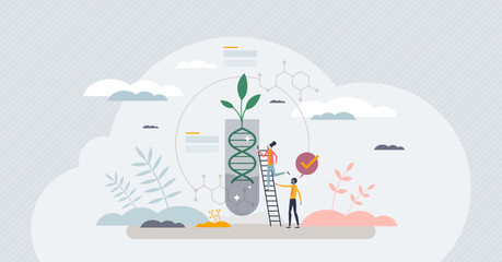 Genetic engineering in plants for agriculture research tiny person concept. Boost harvest with gene modifications and scientific bio helix improvements to avoid pests and diseases vector illustration.