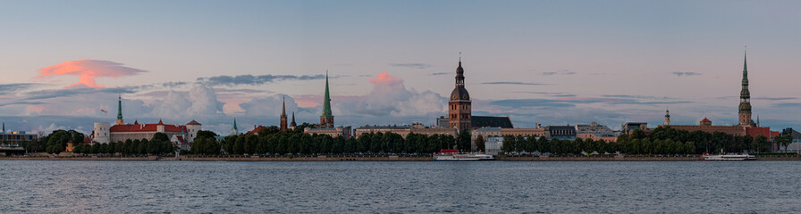 Panoramic view of old town in Riga in a beautiful summer evening sunset, Latvia