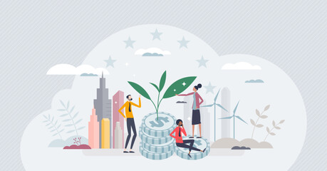 Sustainable investment and nature friendly business tiny person concept. Financial growth in future with ecological and environmental power consumption vector illustration. Green economy thinking. - obrazy, fototapety, plakaty