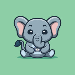 Elephant Sitting Gaming Cute Creative Kawaii Cartoon Mascot Logo