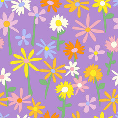 Floral seamless vector pattern. Nostalgic retro 60s-70s groovy print. Vintage floral background. Textile and surface design with old fashioned hand drawn naive colorful flowers