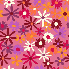 Floral seamless vector pattern. Nostalgic retro 60s-70s groovy print. Vintage floral background. Textile and surface design with old fashioned hand drawn naive colorful flowers