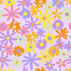 Floral seamless vector pattern. Nostalgic retro 60s-70s groovy print. Vintage floral background. Textile and surface design with old fashioned hand drawn naive colorful flowers