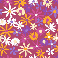 Floral seamless vector pattern. Nostalgic retro 60s-70s groovy print. Vintage floral background. Textile and surface design with old fashioned hand drawn naive colorful flowers