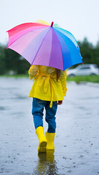 A little girl in rubber boots and I with a bright umbrella walk through a puddle in the rain. Image with selective focus