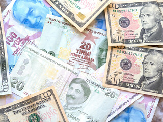 Fototapeta na wymiar Turkish liras and dollars. Money