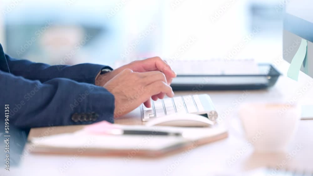 Poster closeup hands, typing on keyboard at modern office. writing pen, checklist and entering data or info