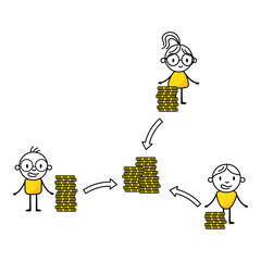 Men and woman standing near stack coins. Investing money concept. Vector stock illustration