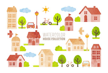 Fototapeta na wymiar watercolor hand drawn houses illustration (red and beige)