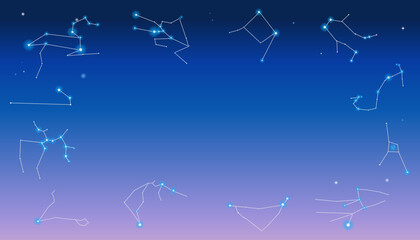 十二星座の星座線のフレームイラスト　青い星空の背景　ホロスコープ　星座　シルエット