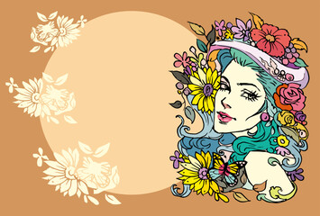 woman with flowers vector for card illustration background
