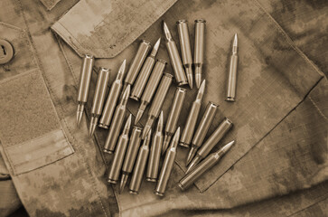 Rifle cartridges on a camouflage background. Top view. Sepia