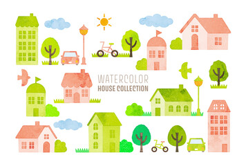 Fototapeta na wymiar watercolor hand drawn houses illustration (pink and green)