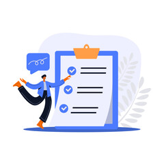 People marked checklist on a clipboard paper. Successful completion of business tasks. Flat vector illustration