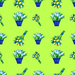 Seamless pattern with bouquets of tulips