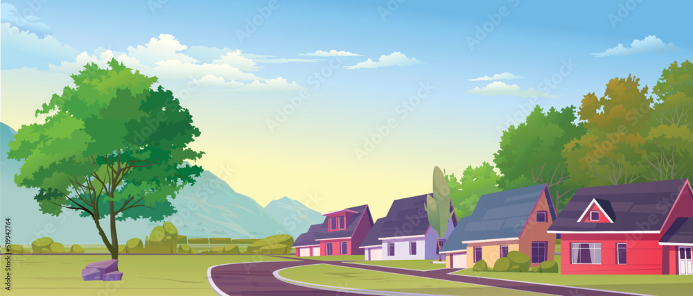 Wall mural road panorama over a street vector illustration of summer street in cartoon style. village style hou