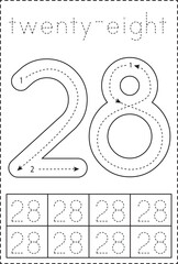 Tracing number twenty eight. Preschool worksheet. Black and white.